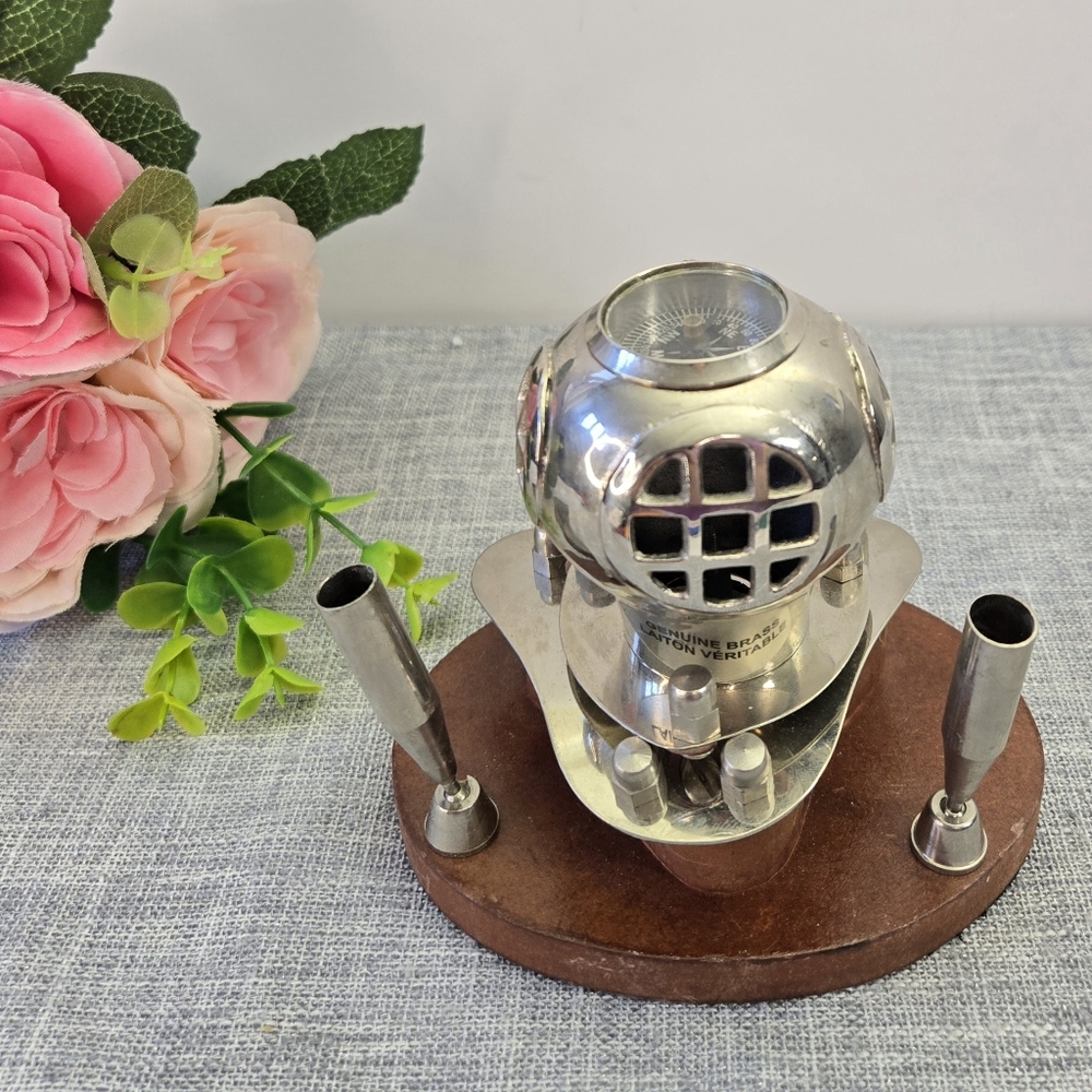 Vintage Small Brass Miniature Navy Diving Helmet Pen Holder With Compass Working